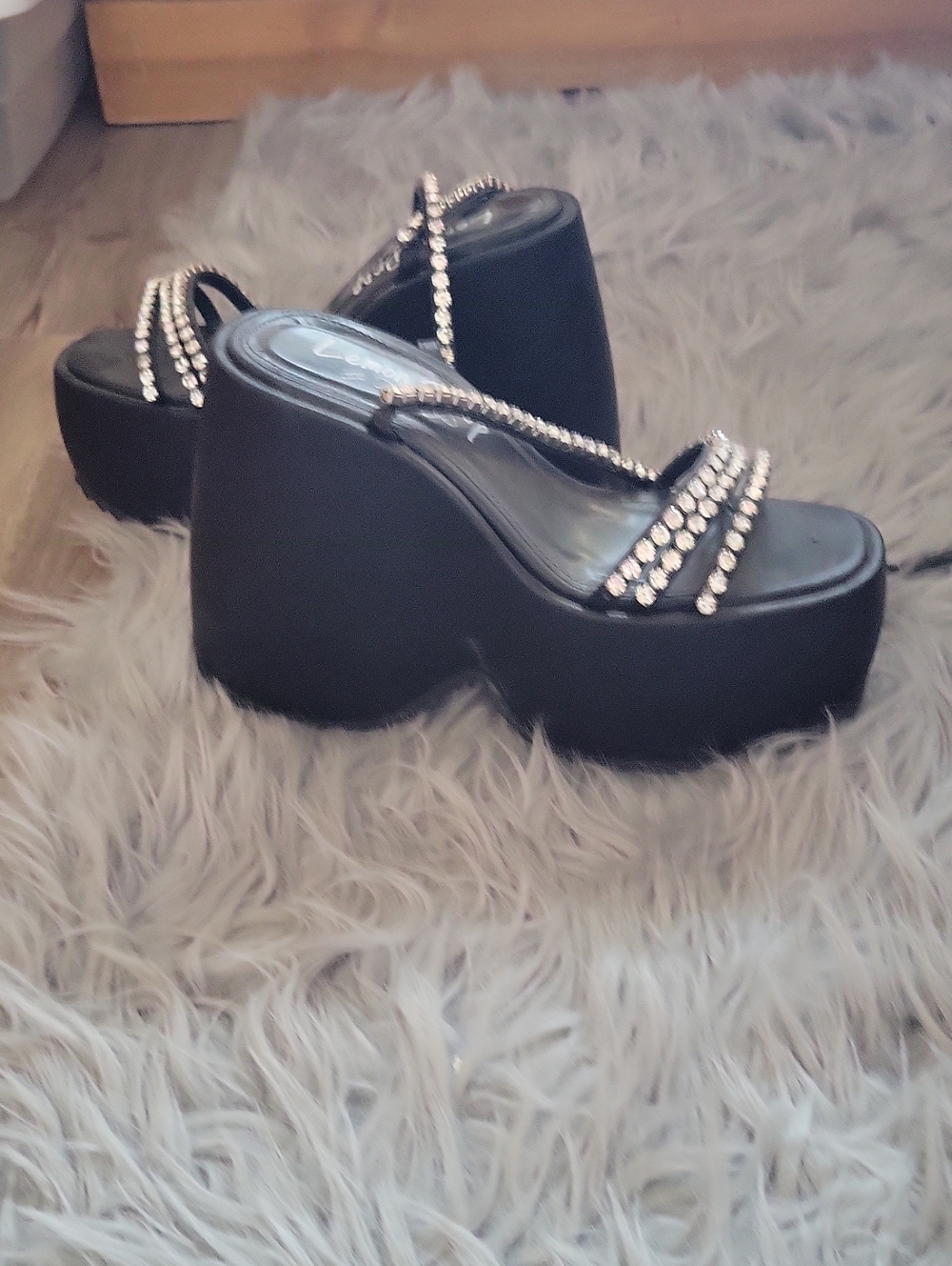 Black Platform Wedge Slide Sandals with Rhinestone Straps